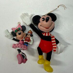 Vintage Walt Disney Flocked Mickey Mouse Christmas Ornament Minnie Hong Kong